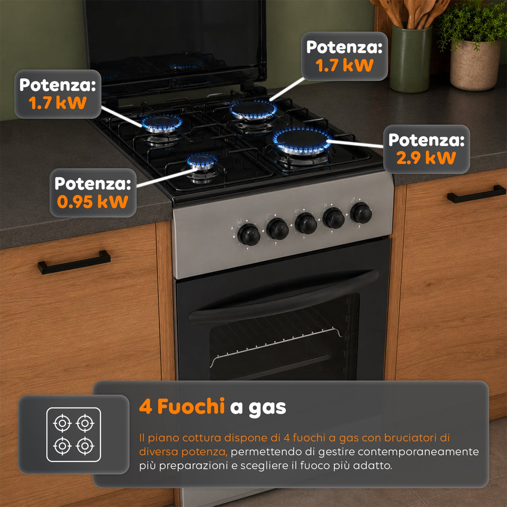 Cucina a Gas 50x50 cm con Forno a Gas 49 Litri, 4 Fuochi di Diversa Potenza, Valvole di Sicurezza e Coperchio