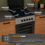 Cucina a Gas 50x50 cm con Forno a Gas 49 Litri, 4 Fuochi di Diversa Potenza, Valvole di Sicurezza e Coperchio