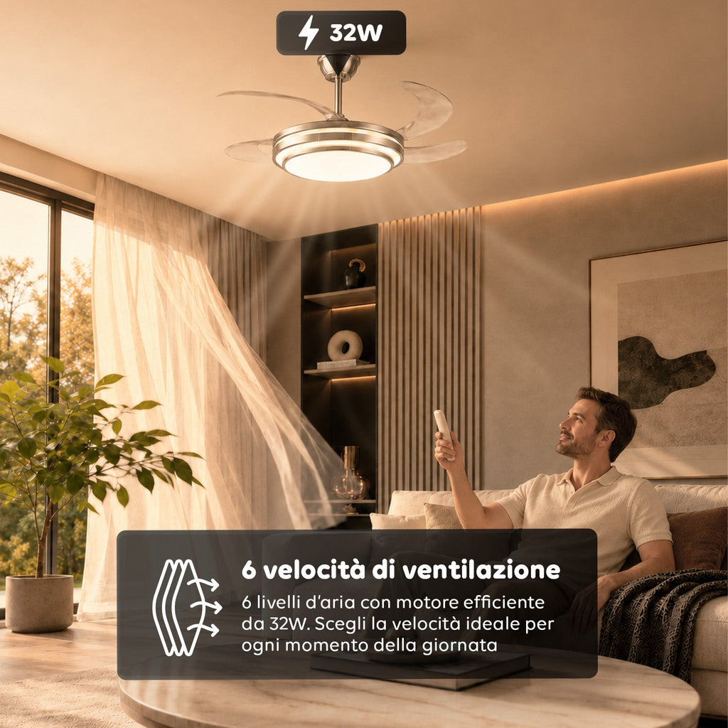 Ventilatore da Soffitto con Pale Richiudibili in Ferro e ABS - 6 Velocità, LED 72W Dimmerabile in 3 Tonalità di Luce Integrata Calda, Naturale e Fredda