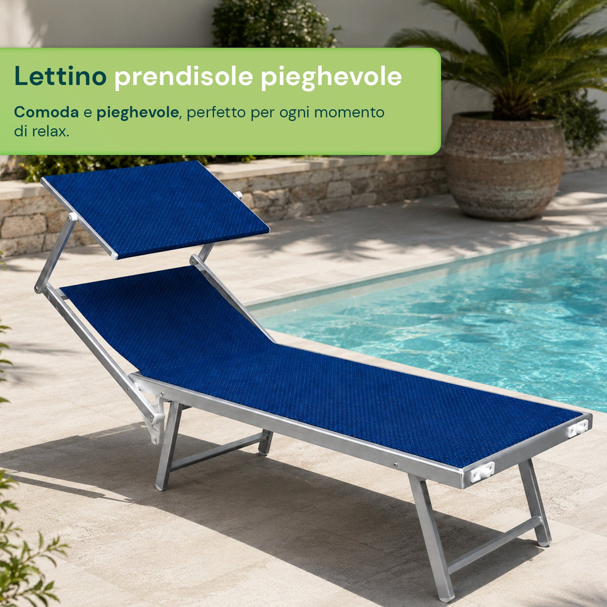 Lettino Prendisole Pieghevole in Alluminio e Textilene con Tettuccio Parasole 360° – Schienale Reclinabile e Portata 150kg