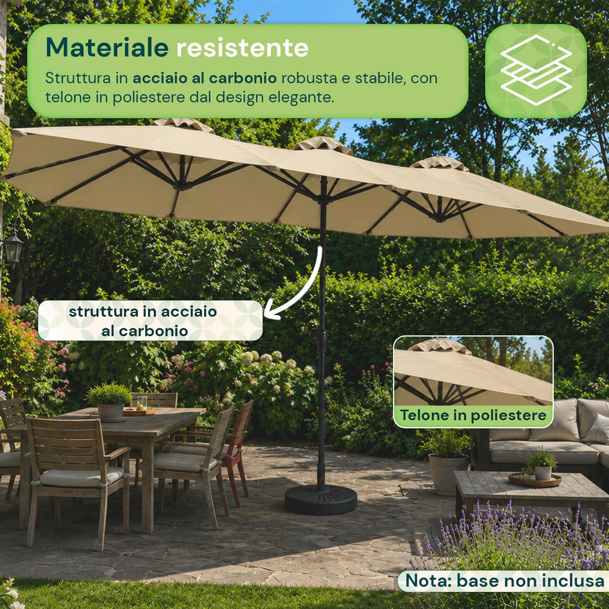 Ombrellone da Giardino Ovale XXL 460x270 in Acciaio al Carbonio e Telo in Poliestere - Altezza 2,45m (Base NON Inclusa)