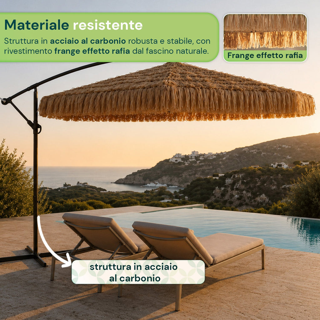 Ombrellone Lampara da Giardino Effetto Rafia – Altezza 2,75m con Struttura in Acciaio al Carbonio con Manovella e Sostegno a Croce