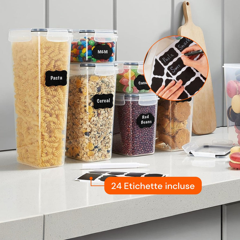 Set di 24 contenitori ermetici per alimenti di diverse dimensioni con etichette