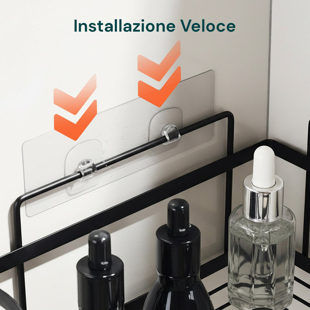Set di 4 mensole adesive da parete in metallo con ganci – Senza fori