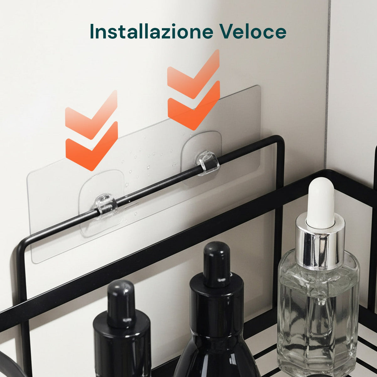 Set di 4 mensole adesive da parete in metallo con ganci – Senza fori