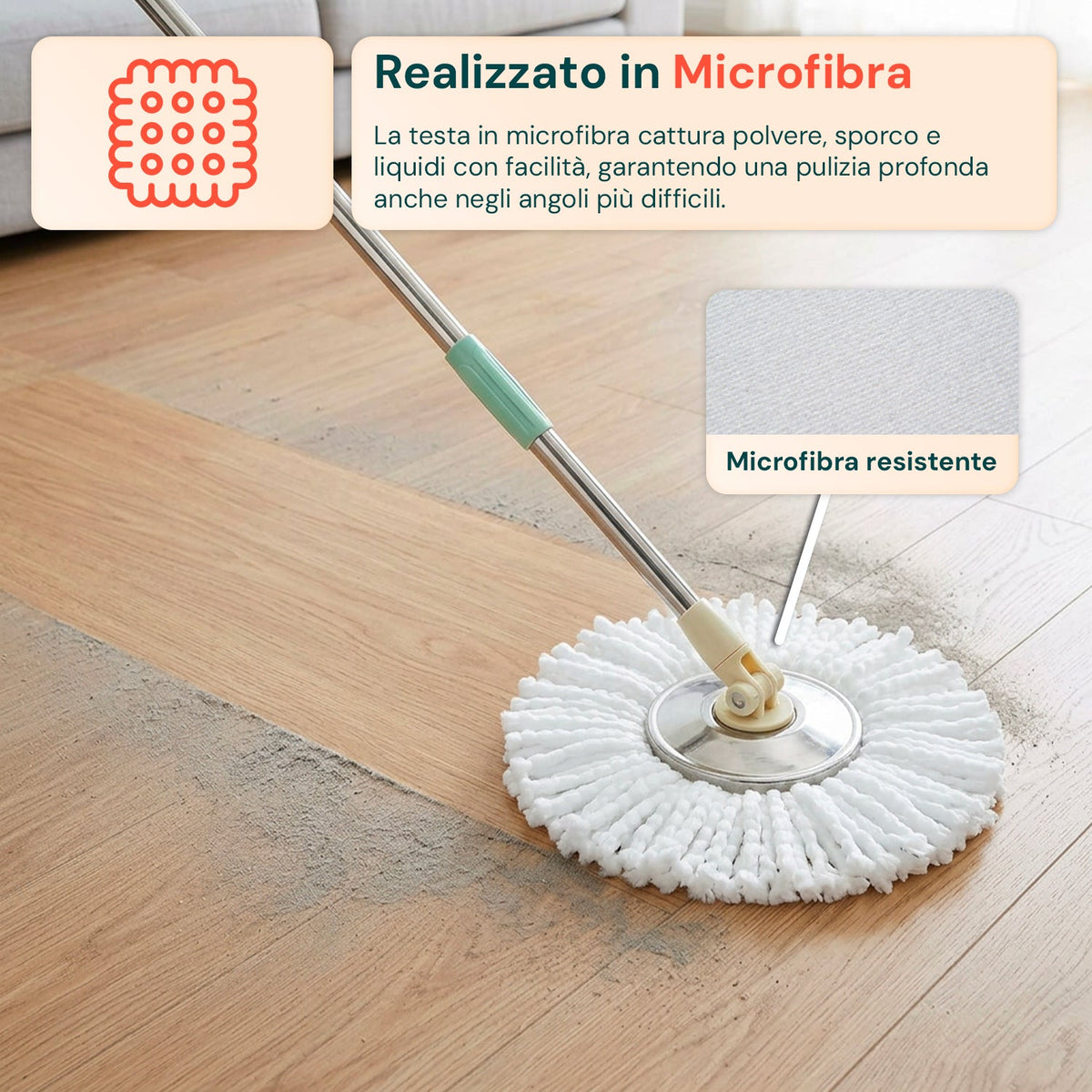 Kit Mocio Rotante 360° con Secchio 14L - 46x27x22cm e Centrifuga in Acciaio – Include 2 Testine in Microfibra, Dosatore Sapone e Asta Telescopica – Set Lavapavimenti Universale con Ruote e Scarico