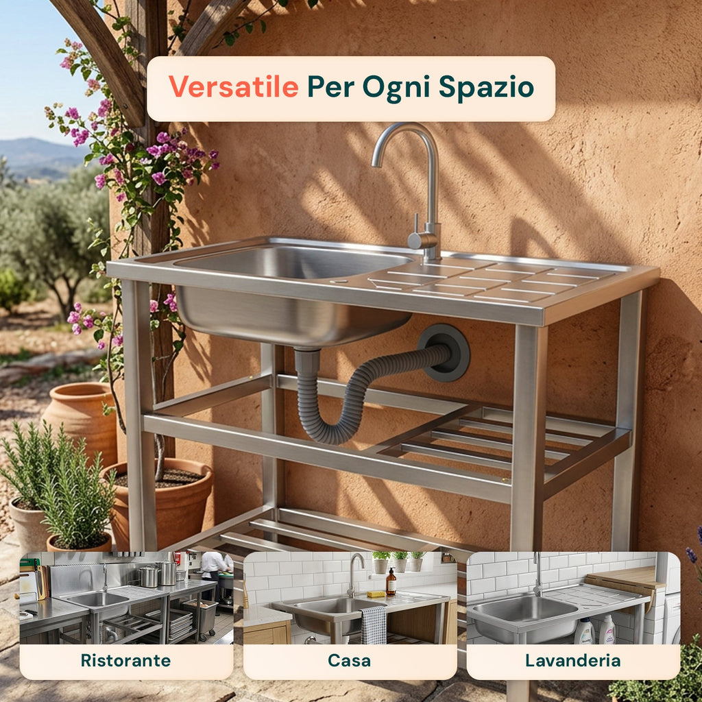 Lavello multifunzione in acciaio inox con fontana - Lavandino con vasca, gocciolatoio e doppia mensola - Reversibile Dx/Sx - 75x40x80 cm