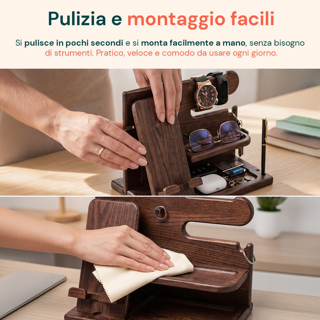 Organizer da Scrivania in Legno con Supporto Smartphone e Porta Orologi – Compreso di Alloggiamento per il Cavo di Ricarica – 25,5x15x18,5 cm
