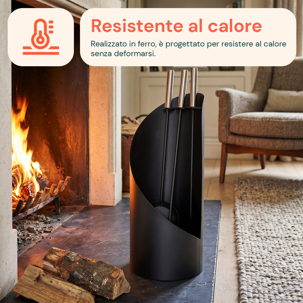 Set 4 Accessori per Camino in Ferro: Paletta, Scopino, Attizzatoio e Supporto – Resistente al Calore e con Ganci Interni