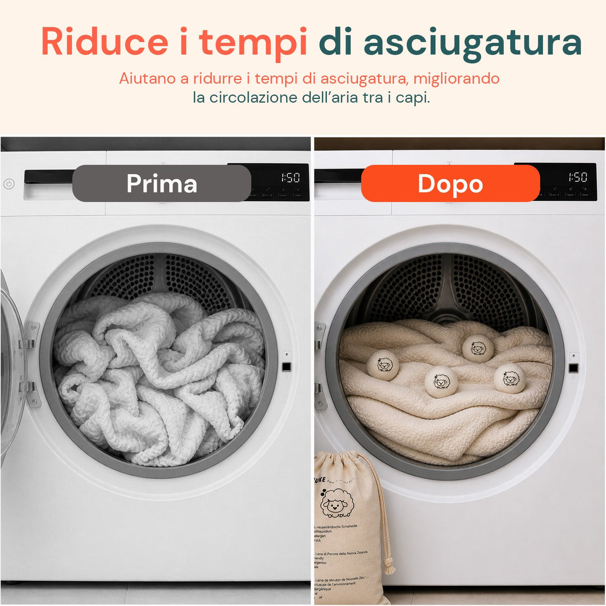 Set di 6 palline di lana per asciugatrice riutilizzabili - Diametro 7 cm