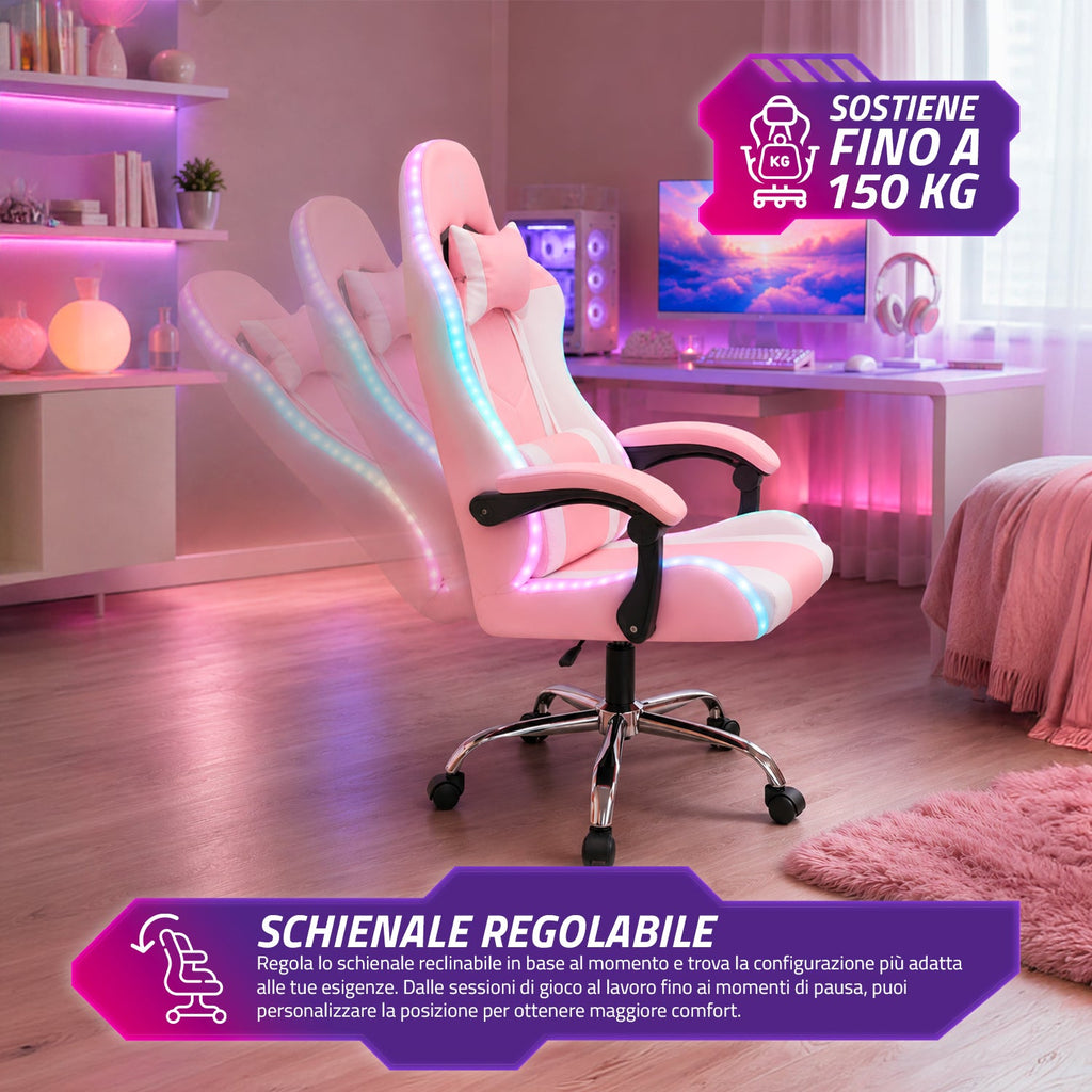 Sedia Gaming Ergonomica con Luci RGB e Cuscino Lombare Massaggiante, Poltrona Ufficio Reclinabile con Telecomando