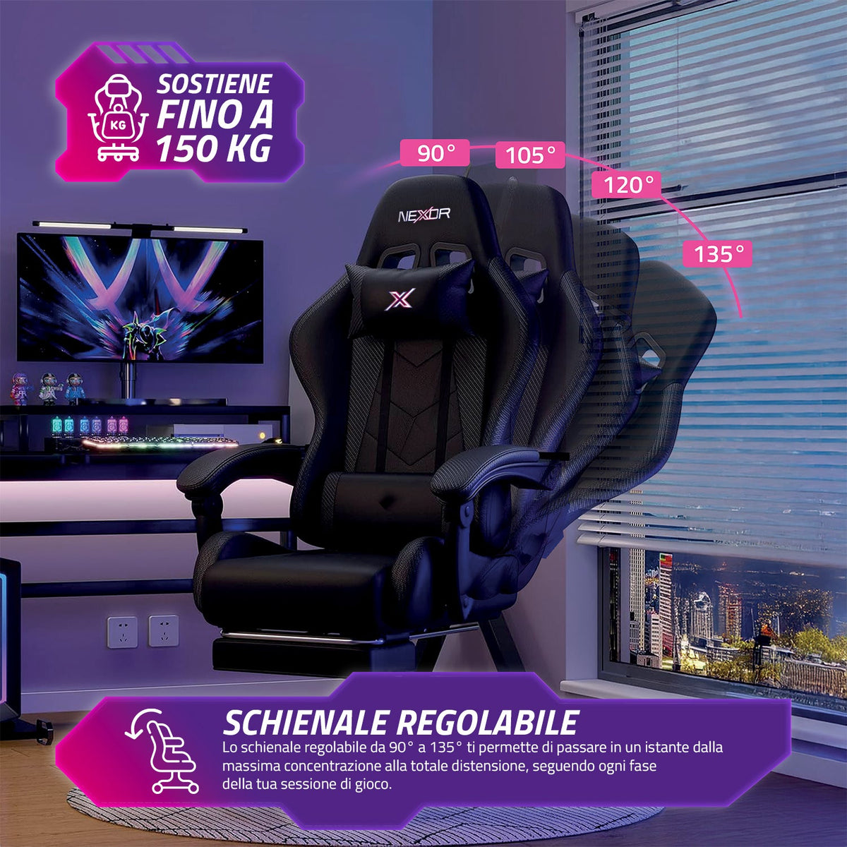 Sedia Gaming Reclinabile con Poggiapiedi Estraibile, Cuscino Lombare e Poggiatesta