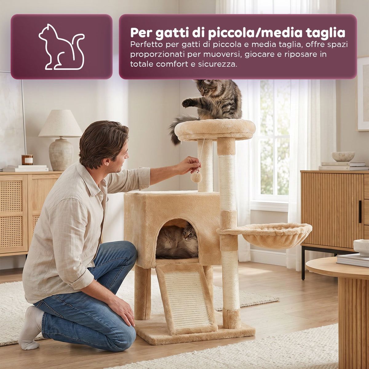 Albero Tiragraffi Multilivello per Gatti h 87 cm in Sisal con Amaca, Piattaforme e Gioco a Pallina - 45x40 cm