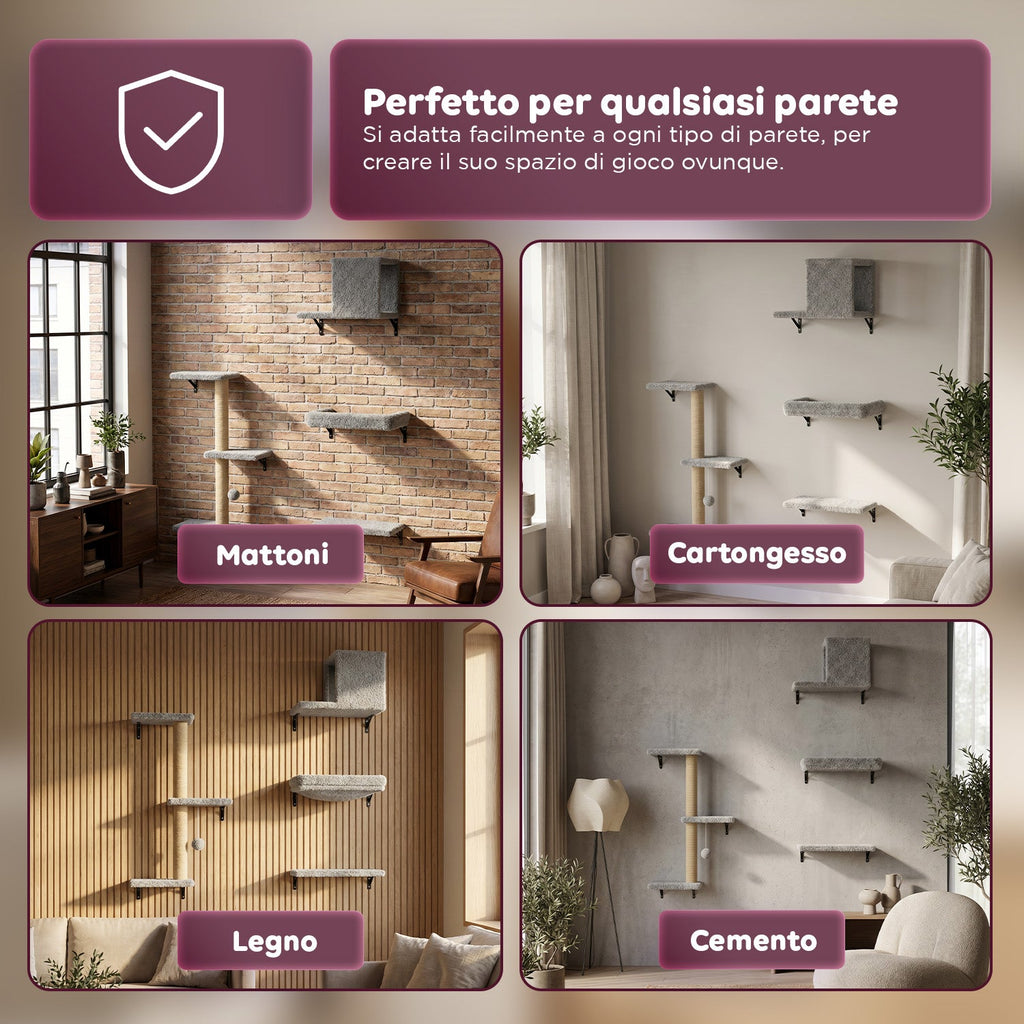 Parco Giochi Verticale da Parete per Gatti - in Legno Multistrato e Sisal Naturale