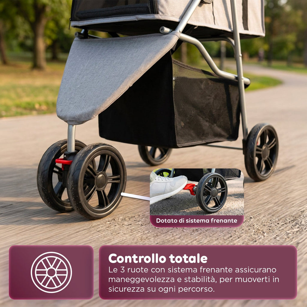 Passeggino per Cani e Gatti Pieghevole Portata 15kg con Cabina Trasparente - in Acciaio e Tessuto Oxford con Portabicchieri e Cestello