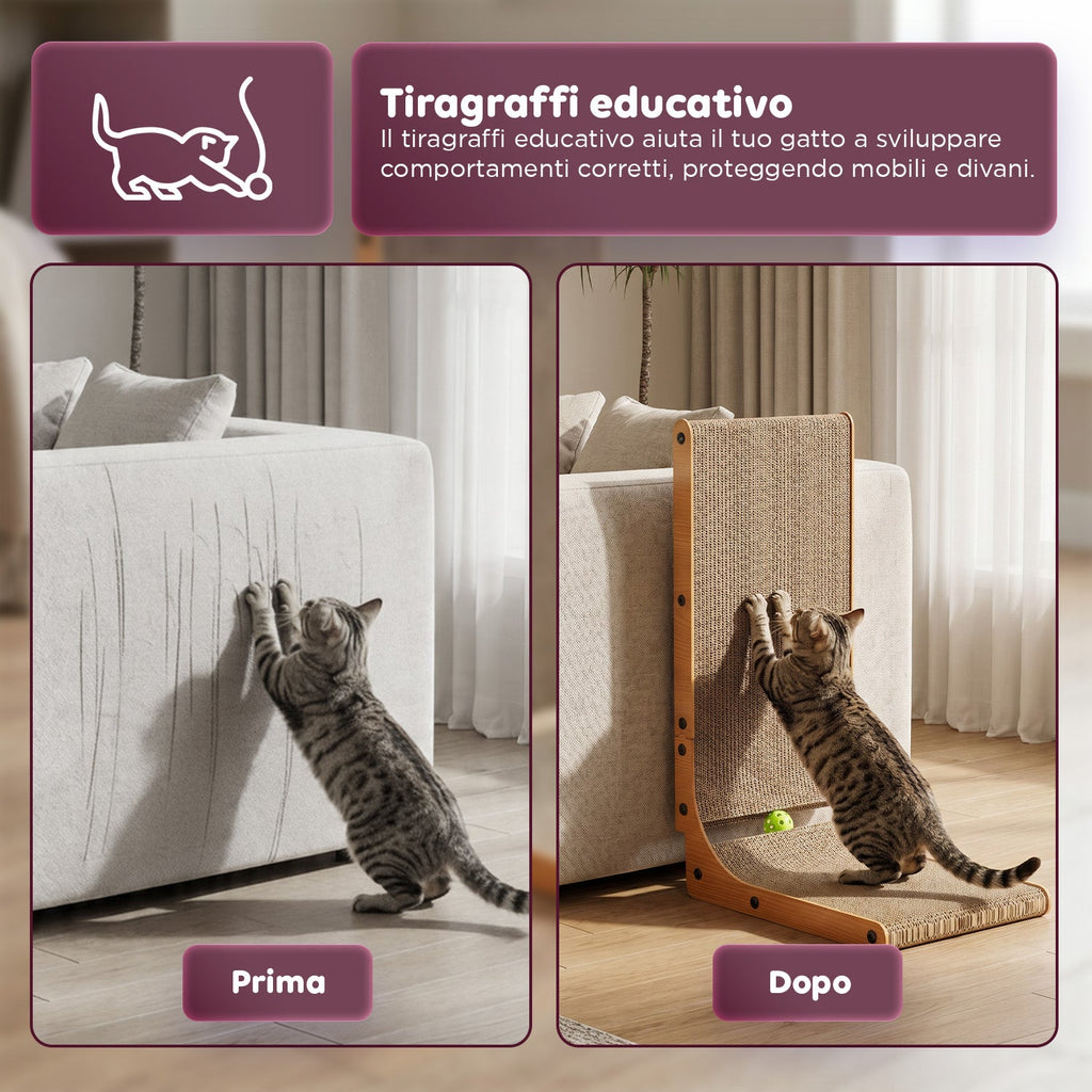 Tiragraffi per Gatti a Forma di L Altezza 68 cm in Carta Ondulata Resistente e Legno MDF – con Gioco a Pallina Integrato