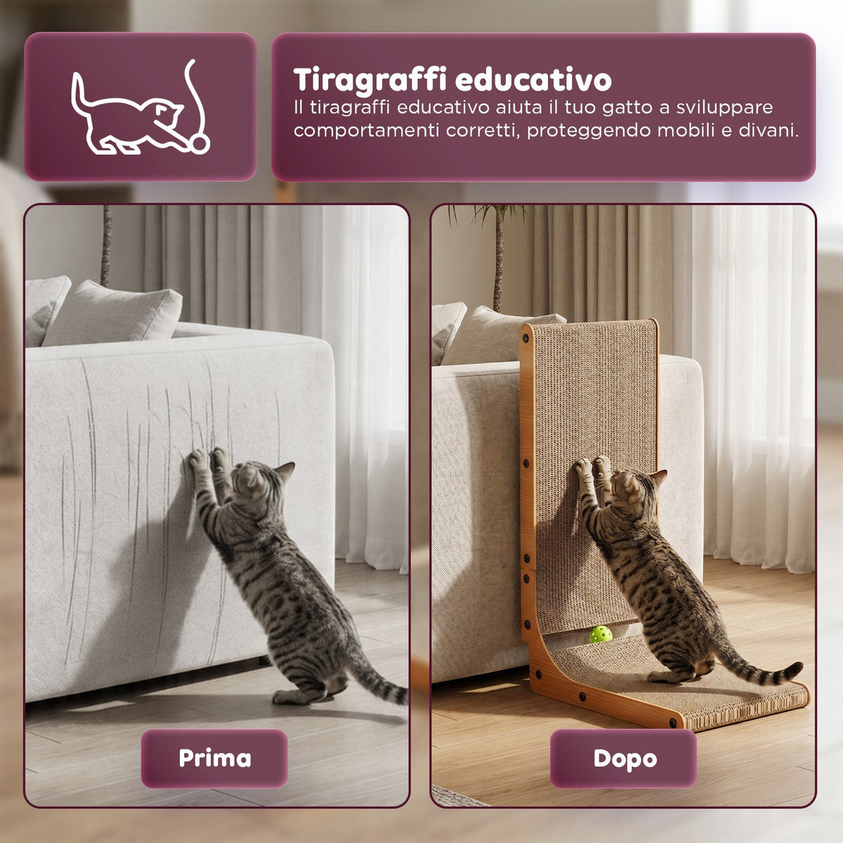 Tiragraffi per Gatti a Forma di L Altezza 68 cm in Carta Ondulata Resistente e Legno MDF – con Gioco a Pallina Integrato