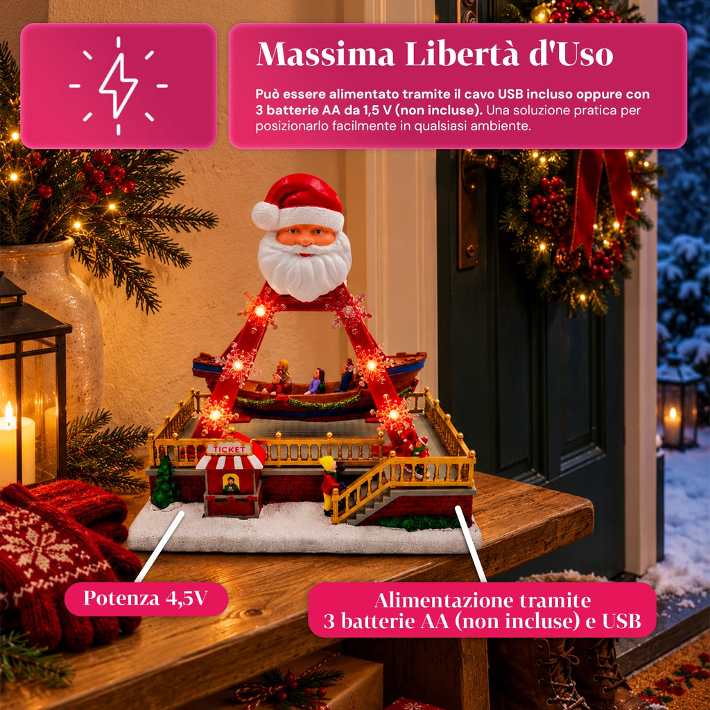 SantaSail 27 cm Christmas lighted carousel with moving boat, LED lights and Christmas melodies, light or light and music selector, USB or battery operated