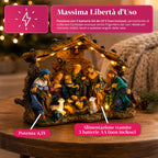 HolyGlow Presepe Natività in Poliresina con Luci LED e Interruttore ON/OFF, Capanna Rustica e Base Stabile, 23x11,5x17 cm