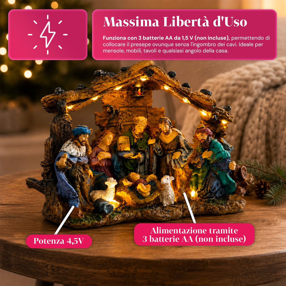 HolyGlow Presepe Natività in Poliresina con Luci LED e Interruttore ON/OFF, Capanna Rustica e Base Stabile, 23x11,5x17 cm