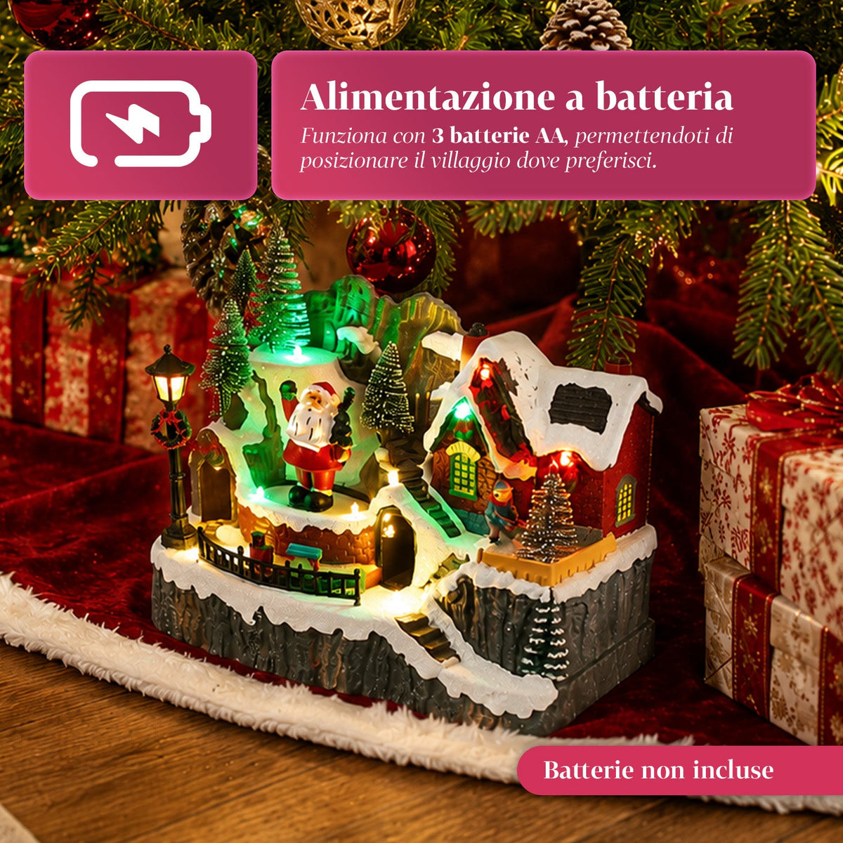 LitVille Villaggio di Natale Illuminato a LED con Trenino in Movimento e Babbo Natale Rotante, 8 Melodie Natalizie, 23x15x18 cm, a Batteria