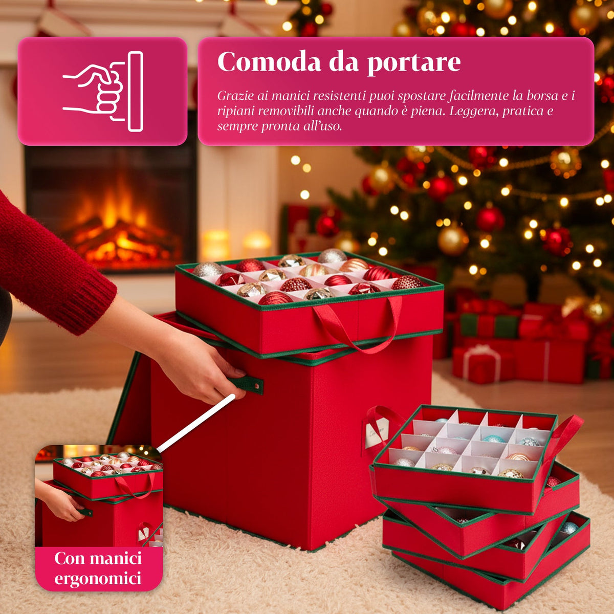Organizer per 64 Palline di Natale in Tessuto Oxford e TNT con Coperchio e Manici
