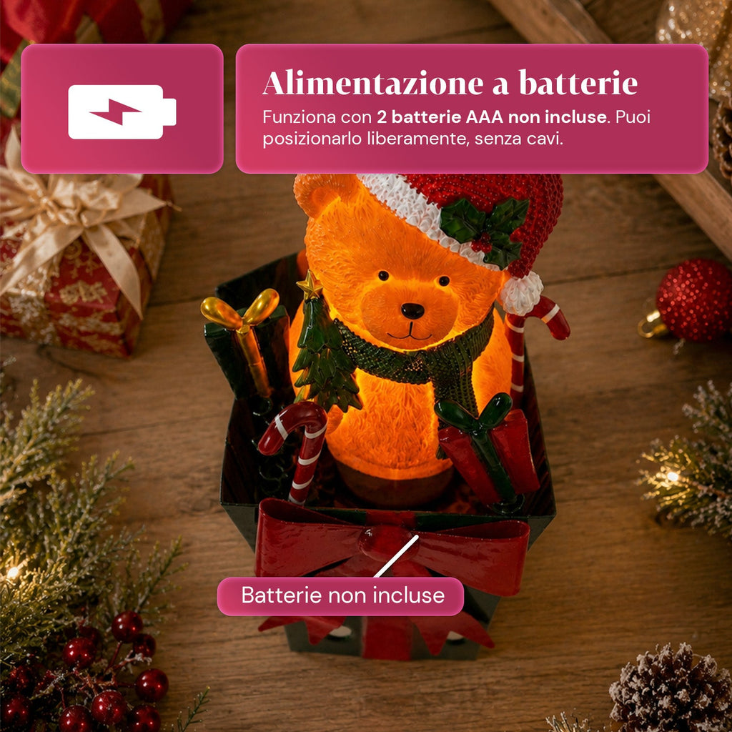Teddy BearGift, orsetto natalizio luminoso in confezione regalo, luce LED calda, dimensioni 15x15x25,5 cm, alimentazione a batterie
