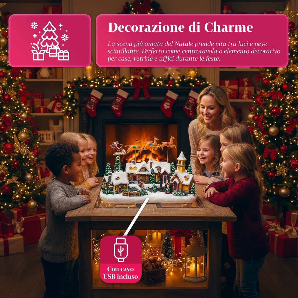 Villaggio di Natale Animato Frostvale con Luci LED, Musica e Slitta in Movimento