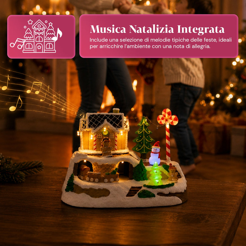 Villaggio Natalizio Luminoso Candy Town con Trenino in Movimento e 8 Melodie, Casetta Pan di Zenzero LED, Decorazione Natalizia 23,5 cm
