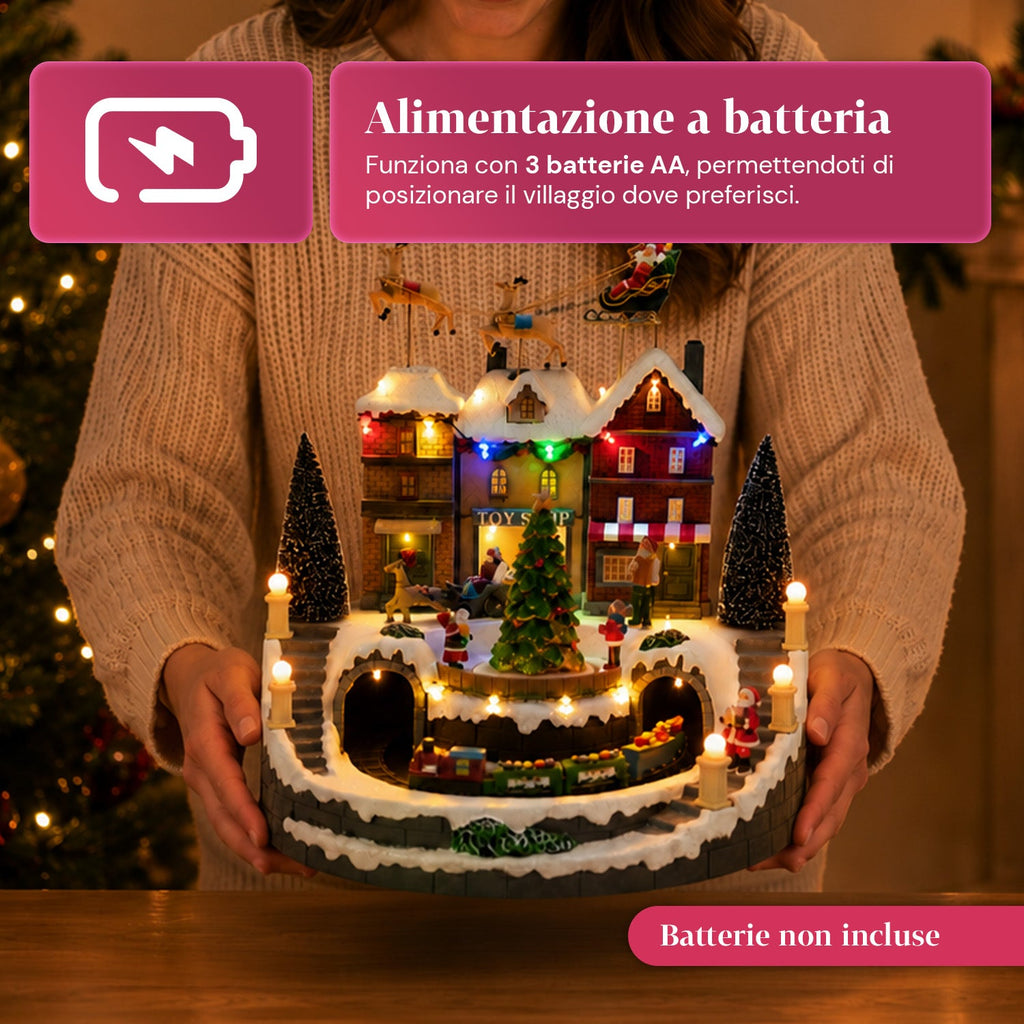 Villaggio Natalizio Luminoso Xmas Town a Batteria con Luci LED, Musica, Albero Rotante, Trenino in Movimento e Slitta di Babbo Natale, 27x25x34 cm