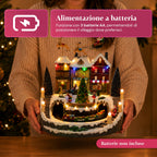 Villaggio Natalizio Luminoso Xmas Town a Batteria con Luci LED, Musica, Albero Rotante, Trenino in Movimento e Slitta di Babbo Natale, 27x25x34 cm