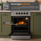 Cucina a Gas 50x50 cm con Forno a Gas 49 Litri, 4 Fuochi di Diversa Potenza, Valvole di Sicurezza e Coperchio
