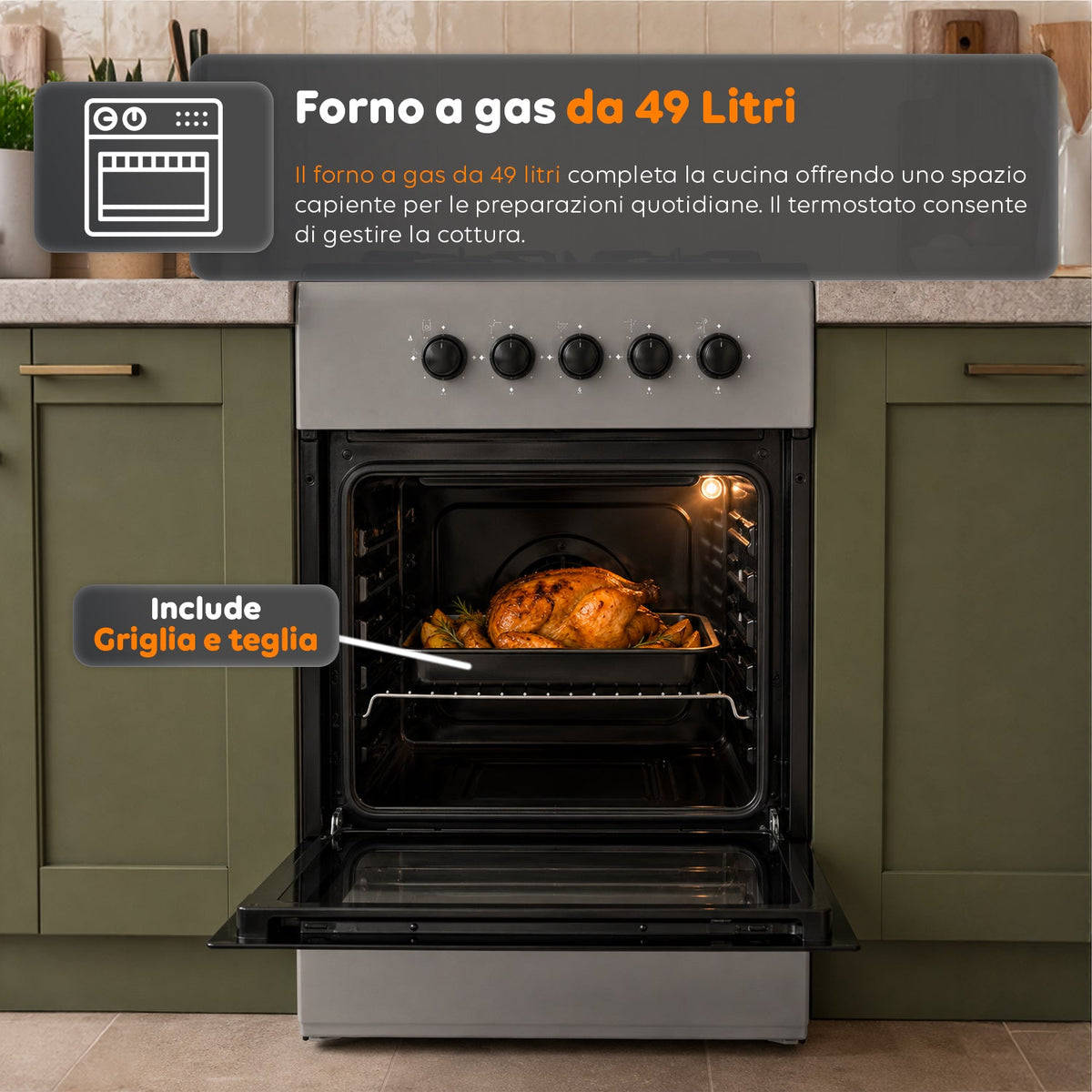Cucina a Gas 50x50 cm con Forno a Gas 49 Litri, 4 Fuochi di Diversa Potenza, Valvole di Sicurezza e Coperchio