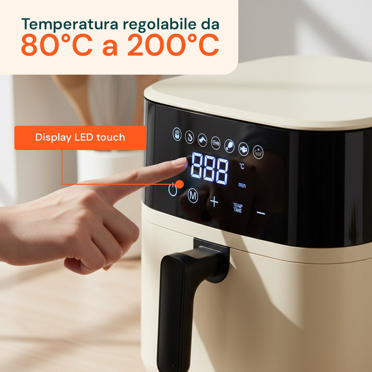 Friggitrice ad Aria 4,5L con Display LED Touch e 7 Programmi di Cottura 1400W