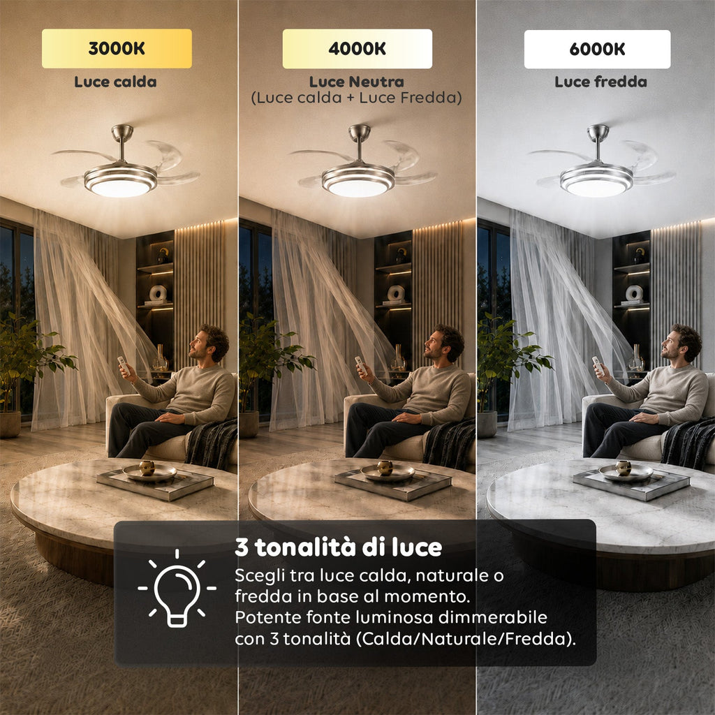 Ventilatore da Soffitto con Pale Richiudibili in Ferro e ABS - 6 Velocità, LED 72W Dimmerabile in 3 Tonalità di Luce Integrata Calda, Naturale e Fredda