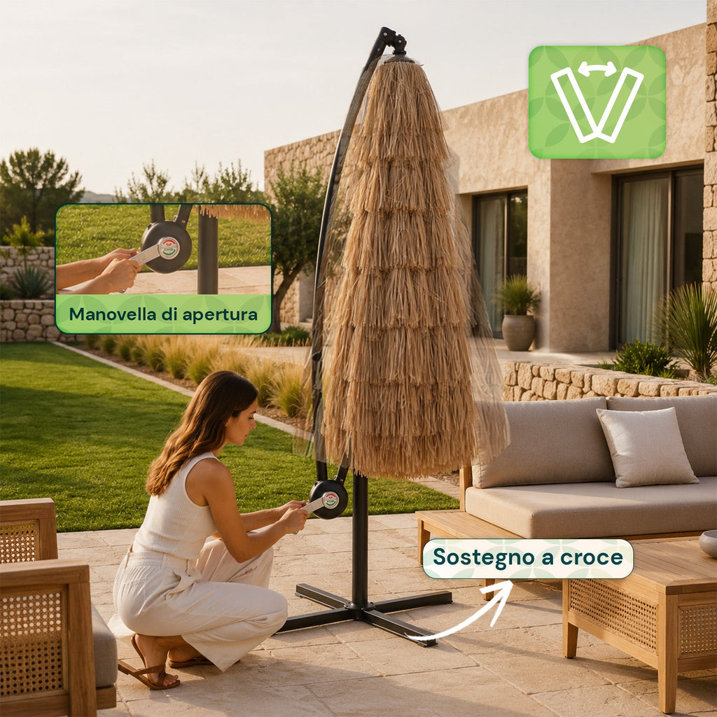 Ombrellone Lampara da Giardino Effetto Rafia – Altezza 2,75m con Struttura in Acciaio al Carbonio con Manovella e Sostegno a Croce