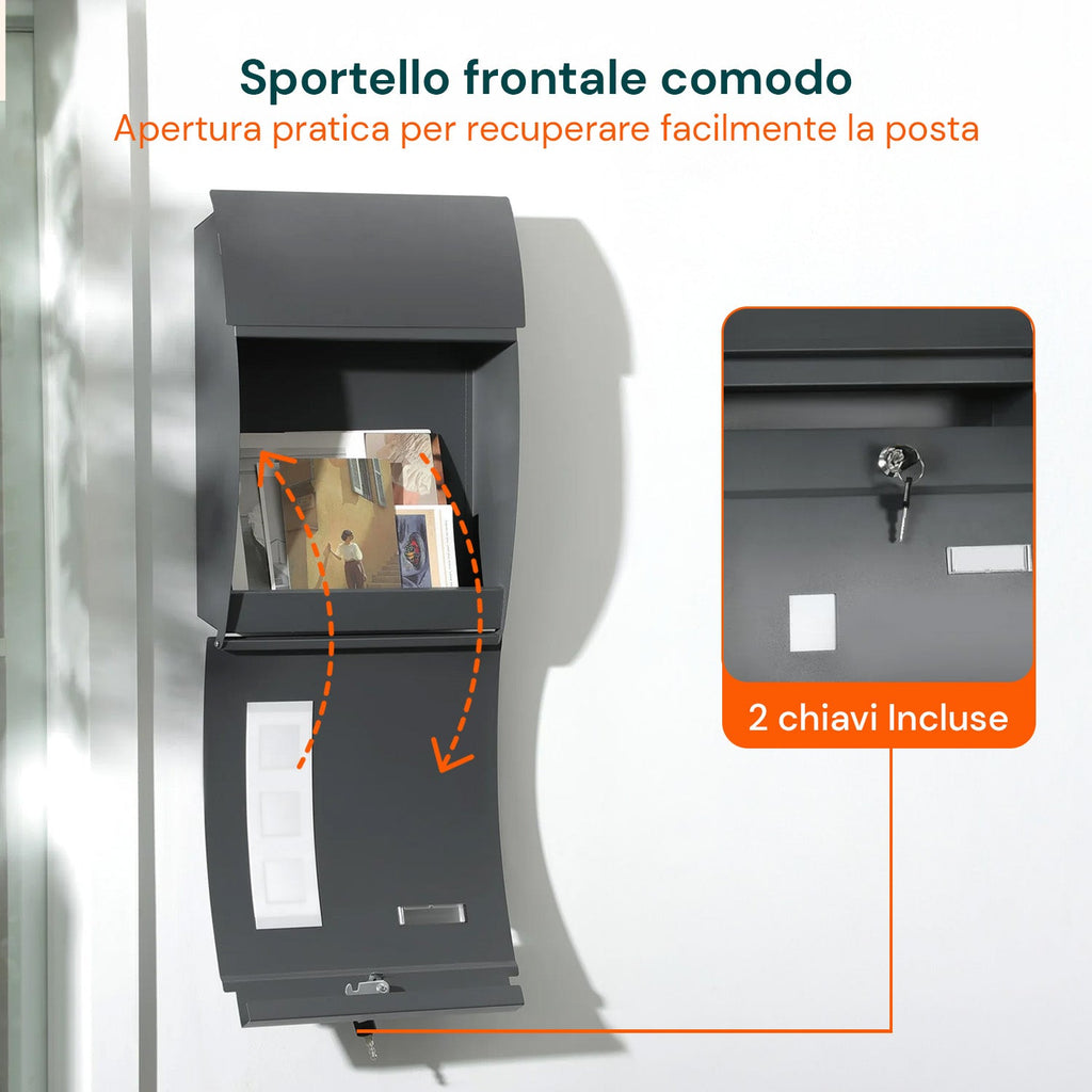 Cassetta Postale a Muro Moderna in Acciaio Inox con Targhetta per il Nome e 2 Chiavi