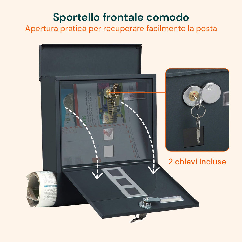 Cassetta Postale in Acciaio Inox con Serratura e Scomparto Giornali
