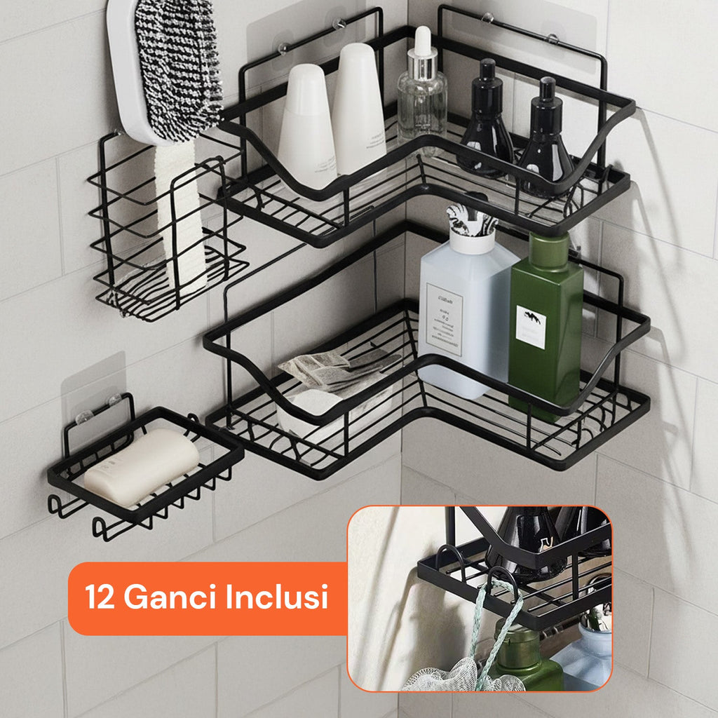 Set di 4 mensole adesive da parete in metallo con ganci – Senza fori