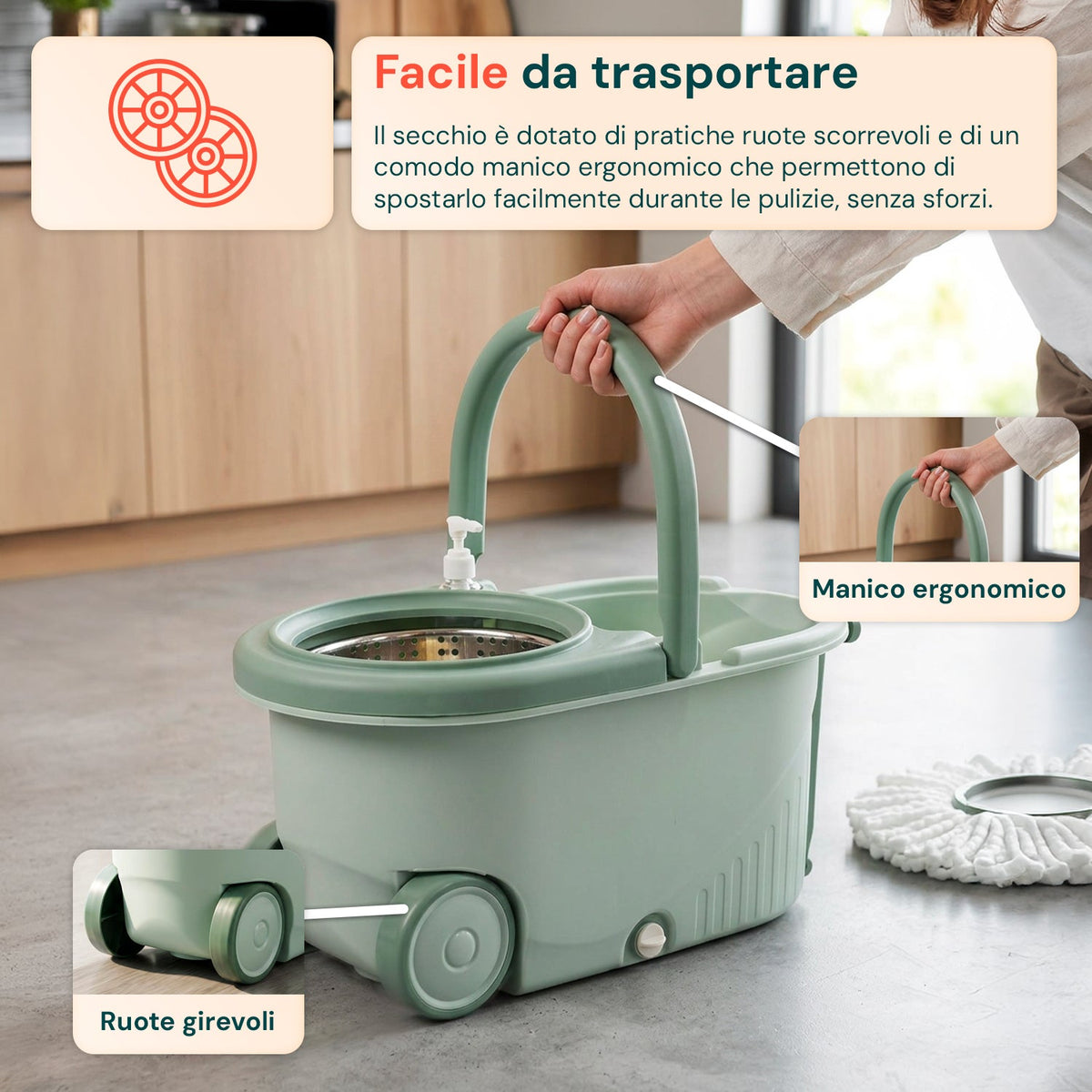 Kit Mocio Rotante 360° con Secchio 14L - 46x27x22cm e Centrifuga in Acciaio – Include 2 Testine in Microfibra, Dosatore Sapone e Asta Telescopica – Set Lavapavimenti Universale con Ruote e Scarico