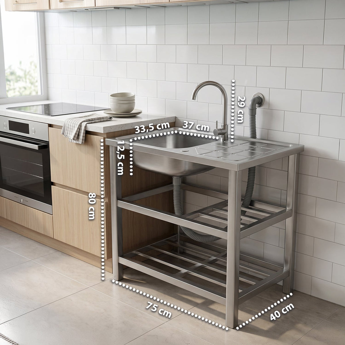 Lavello multifunzione in acciaio inox con fontana - Lavandino con vasca, gocciolatoio e doppia mensola - Reversibile Dx/Sx - 75x40x80 cm
