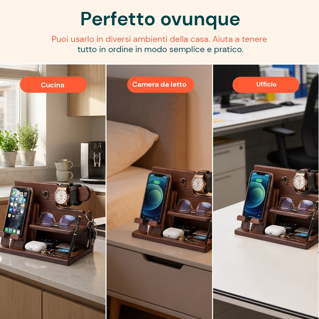 Organizer da Scrivania in Legno con Supporto Smartphone e Porta Orologi – Compreso di Alloggiamento per il Cavo di Ricarica – 25,5x15x18,5 cm