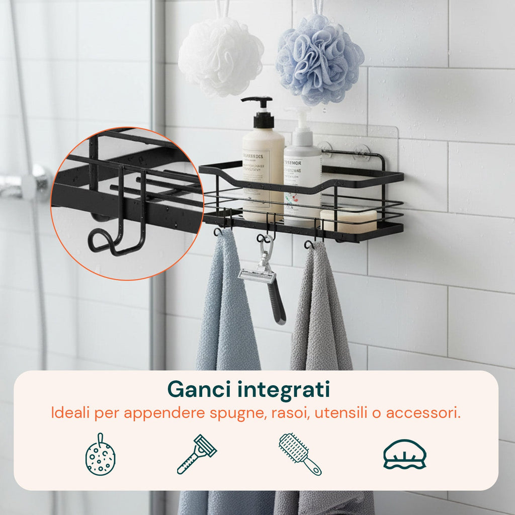 Set di 2 mensole adesive da parete in acciaio nero per bagno e cucina