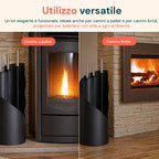 Set 4 Accessori per Camino in Ferro: Paletta, Scopino, Attizzatoio e Supporto – Resistente al Calore e con Ganci Interni