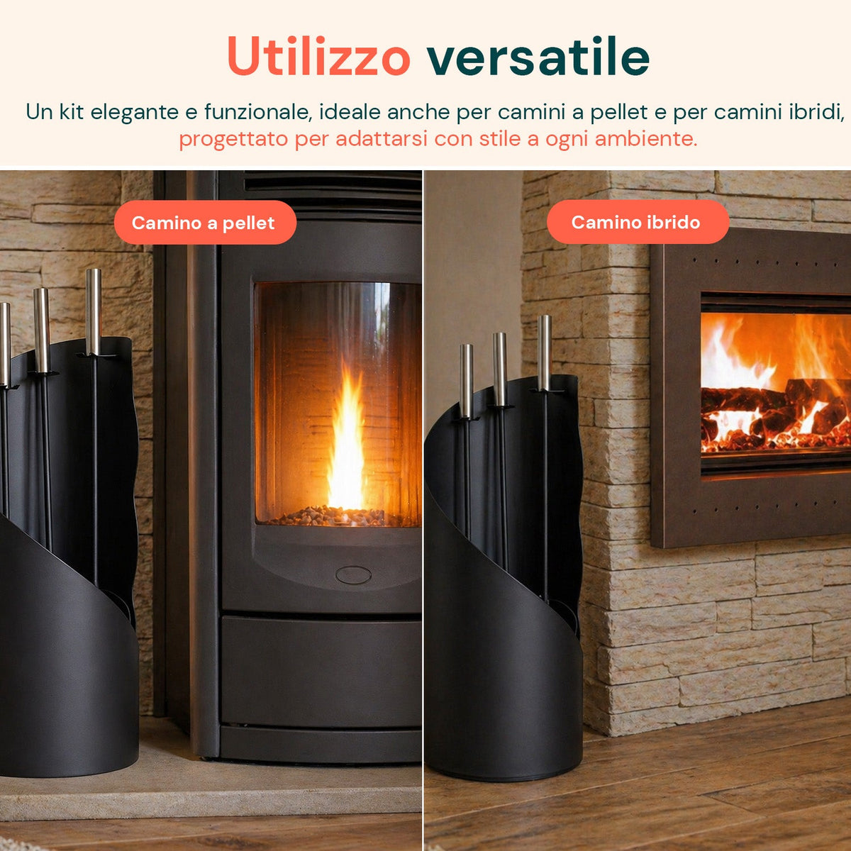 Set 4 Accessori per Camino in Ferro: Paletta, Scopino, Attizzatoio e Supporto – Resistente al Calore e con Ganci Interni