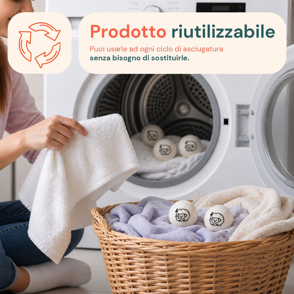 Set di 6 palline di lana per asciugatrice riutilizzabili - Diametro 7 cm