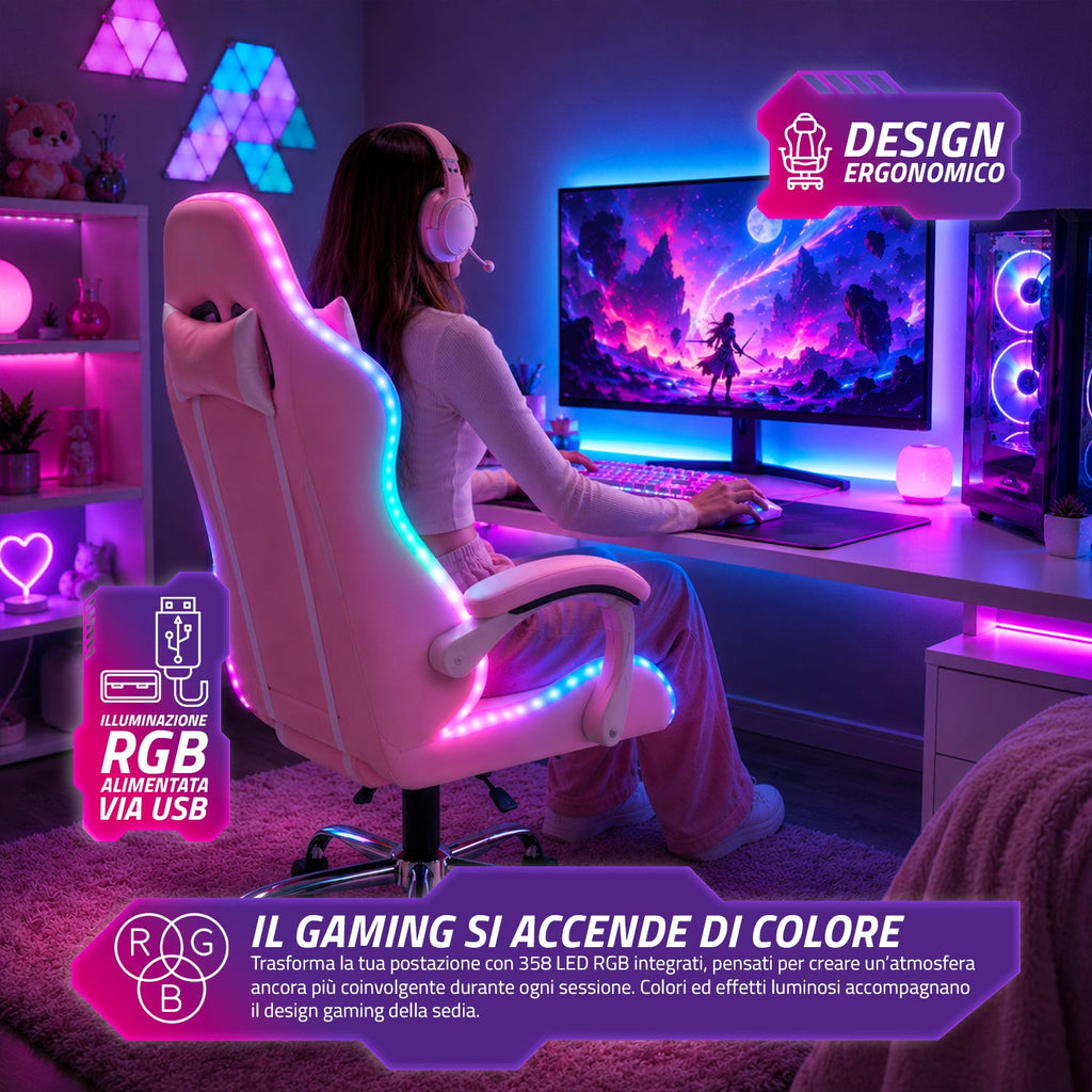 Sedia Gaming Ergonomica con Luci RGB e Cuscino Lombare Massaggiante, Poltrona Ufficio Reclinabile con Telecomando