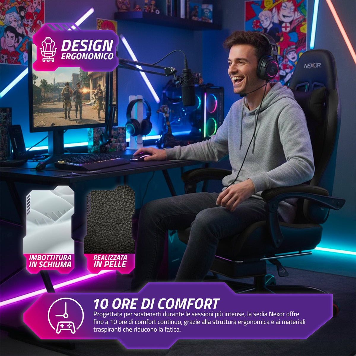 Sedia Gaming Reclinabile con Poggiapiedi Estraibile, Cuscino Lombare e Poggiatesta