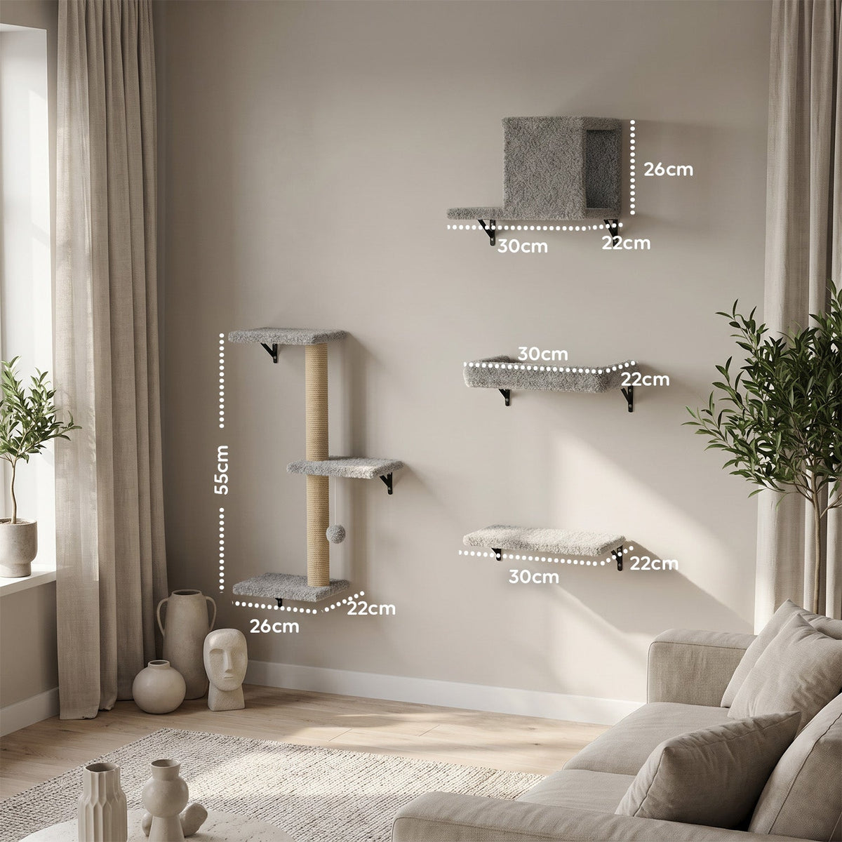 Parco Giochi Verticale da Parete per Gatti - in Legno Multistrato e Sisal Naturale