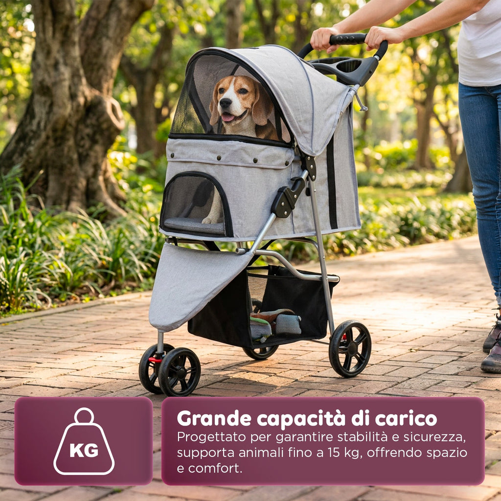 Passeggino per Cani e Gatti Pieghevole Portata 15kg con Cabina Trasparente - in Acciaio e Tessuto Oxford con Portabicchieri e Cestello